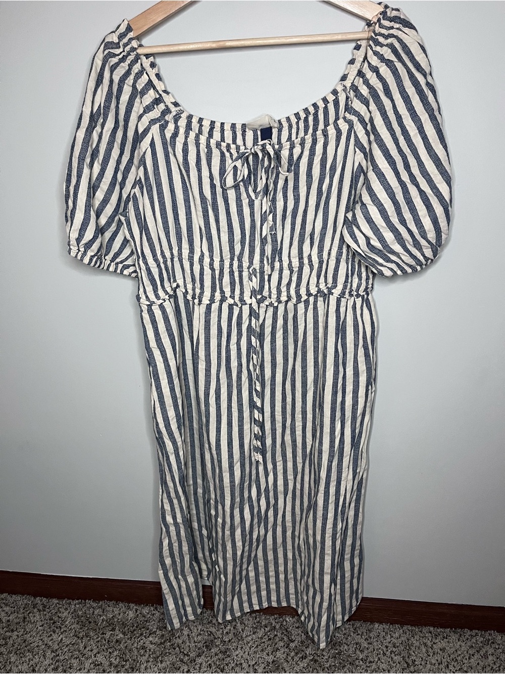 Universal Thread Blue‎ White Striped Puff Sleeve Linen Blend Midi Dress XXL